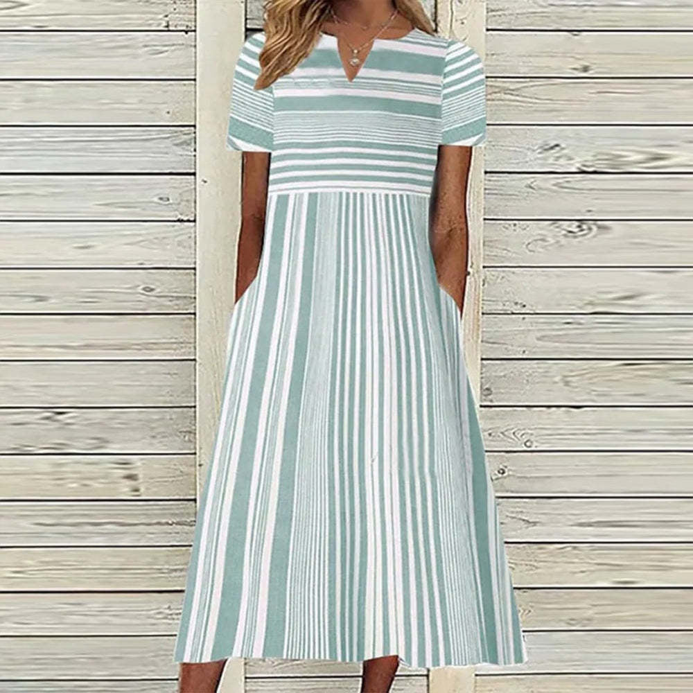 Women Short Sleeve Maxi Dress V-neck Striped Dress Image 3