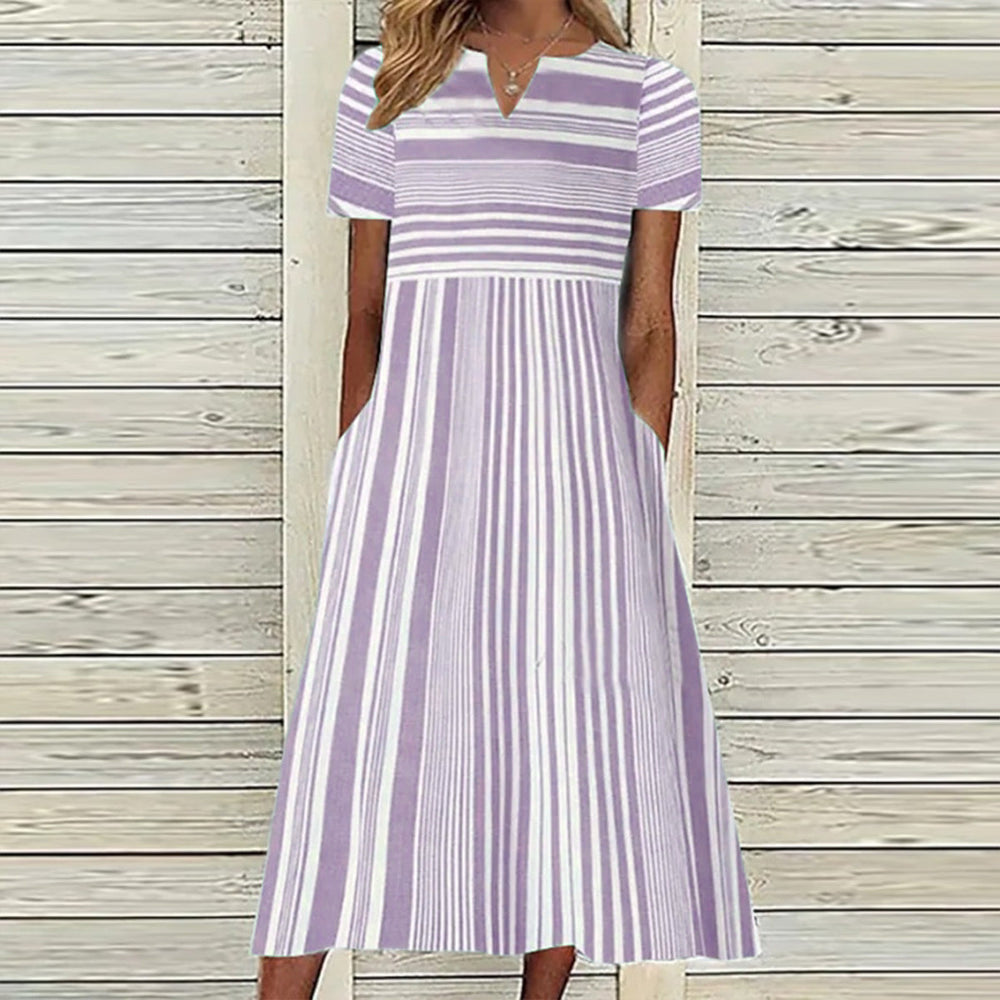 Women Short Sleeve Maxi Dress V-neck Striped Dress Image 4