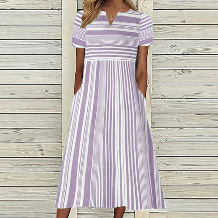 Women Short Sleeve Maxi Dress V-neck Striped Dress Image 4