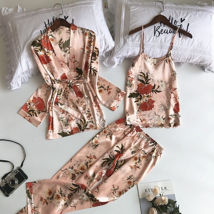 Floral Silk Fabric Long-Sleeve Jacket Camisole Trousers Pajamas Three-Piece Set Image 1