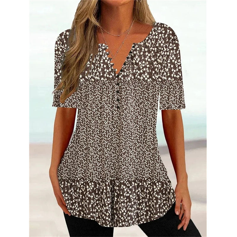 Womens Summer Tunics V Neck Floral Regular Fit Casual Shirt Image 1