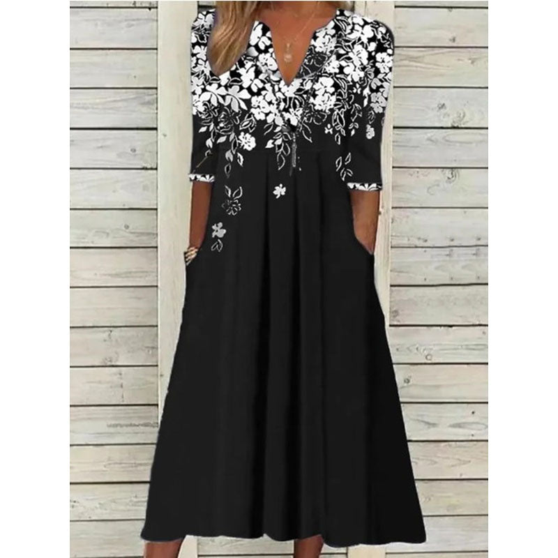 Elegant Henley Neck Loose Floral A-Line Half Sleeve Dress Image 1