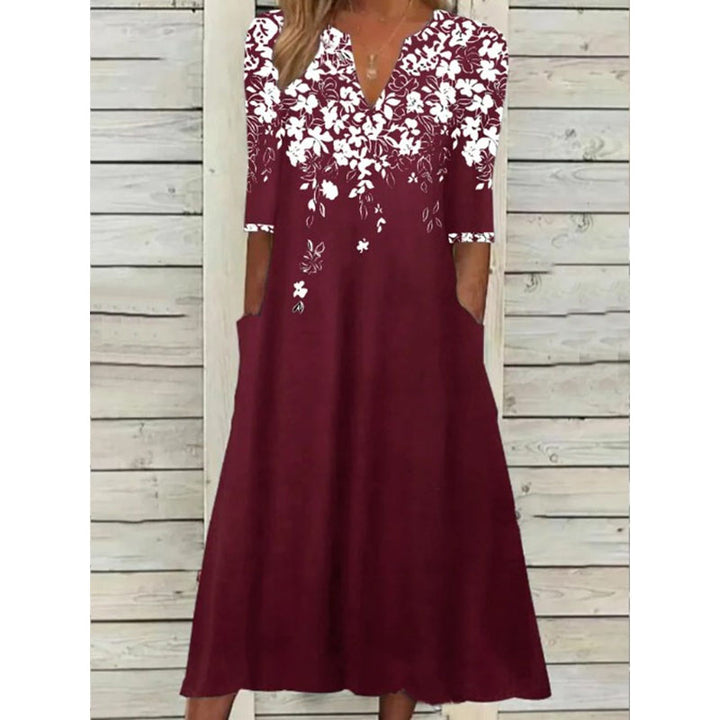 Elegant Henley Neck Loose Floral A-Line Half Sleeve Dress Image 2