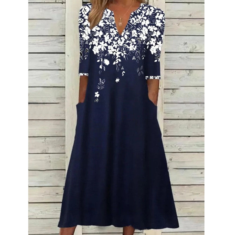 Elegant Henley Neck Loose Floral A-Line Half Sleeve Dress Image 3