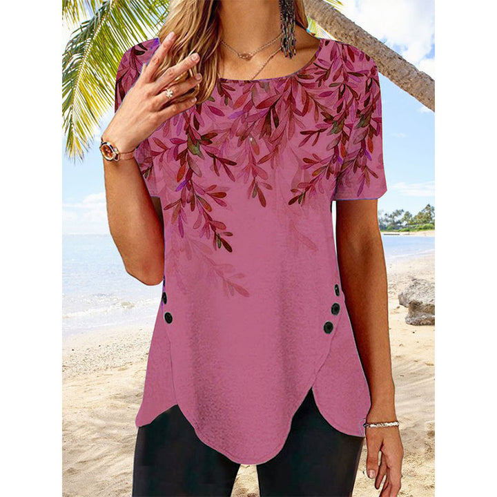 Women Round Neck Short Sleeve Leaf Print Buttoned Holiday Tunic T-Shirt Image 2