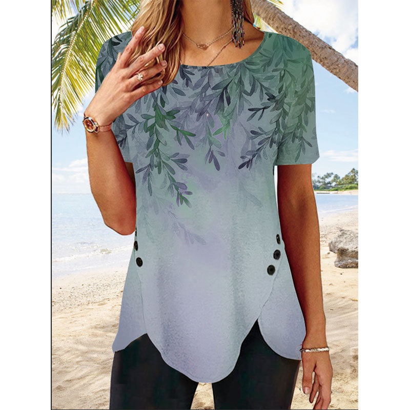 Women Round Neck Short Sleeve Leaf Print Buttoned Holiday Tunic T-Shirt Image 3