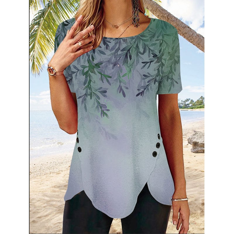 Women Round Neck Short Sleeve Leaf Print Buttoned Holiday Tunic T-Shirt Image 1