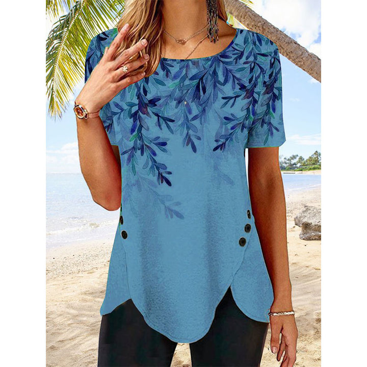 Women Round Neck Short Sleeve Leaf Print Buttoned Holiday Tunic T-Shirt Image 4