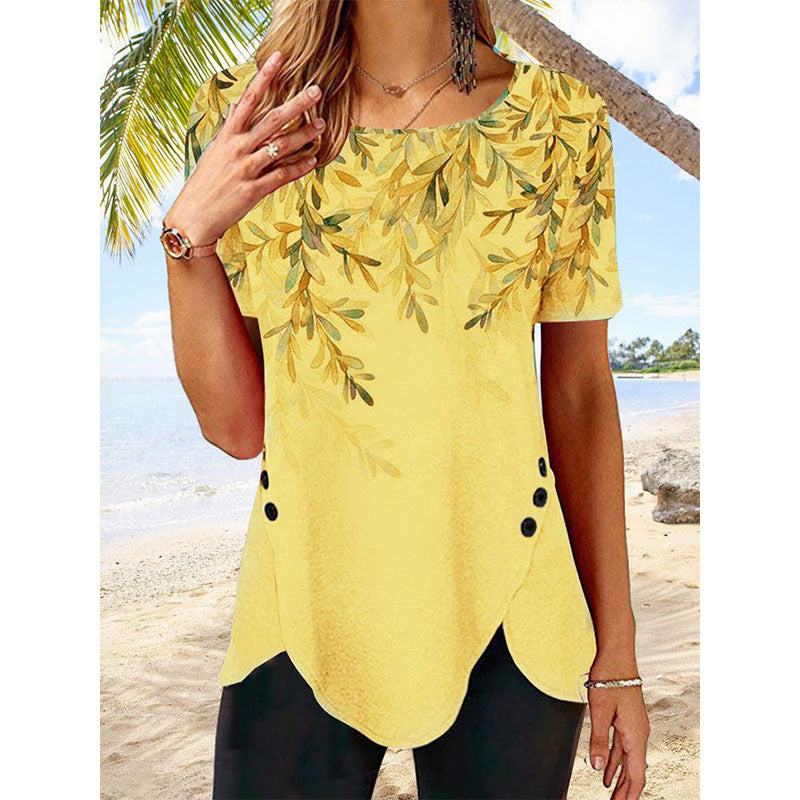 Women Round Neck Short Sleeve Leaf Print Buttoned Holiday Tunic T-Shirt Image 4