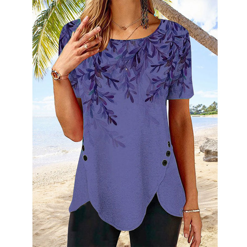 Women Round Neck Short Sleeve Leaf Print Buttoned Holiday Tunic T-Shirt Image 6