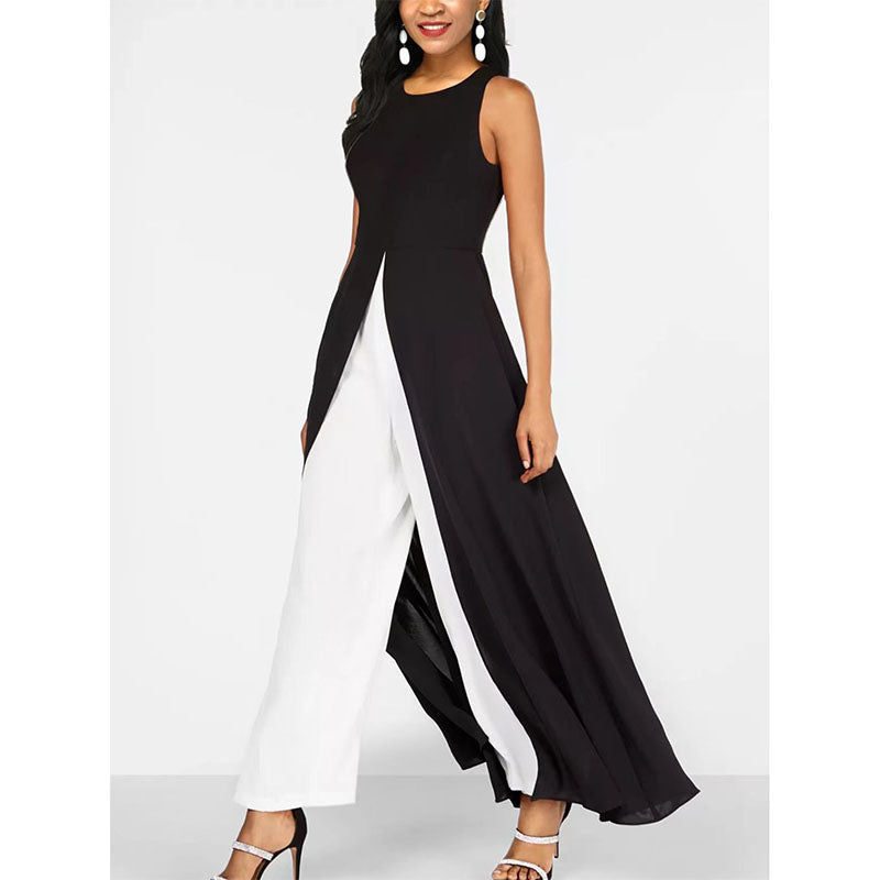 Contrast Black Round Neck Sleeveless Jumpsuit Image 1