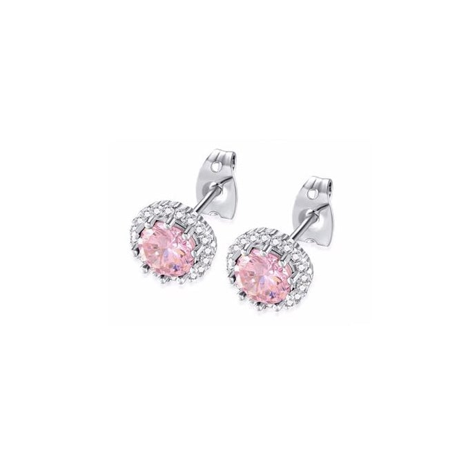 14k White Gold Plated 1-2 Ct Created Halo Round Pink Sapphire Stud Earrings Image 1