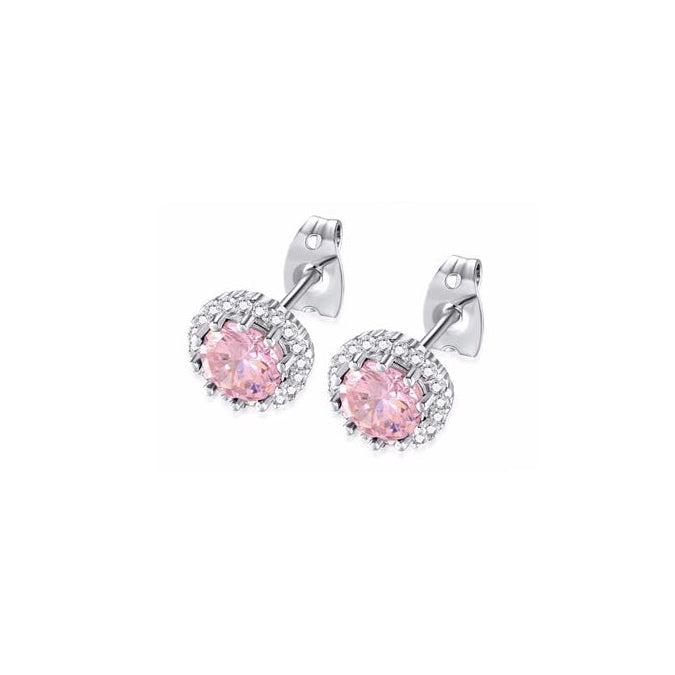 14k White Gold Plated 3 Ct Created Halo Round Pink Sapphire Stud Earrings Image 1