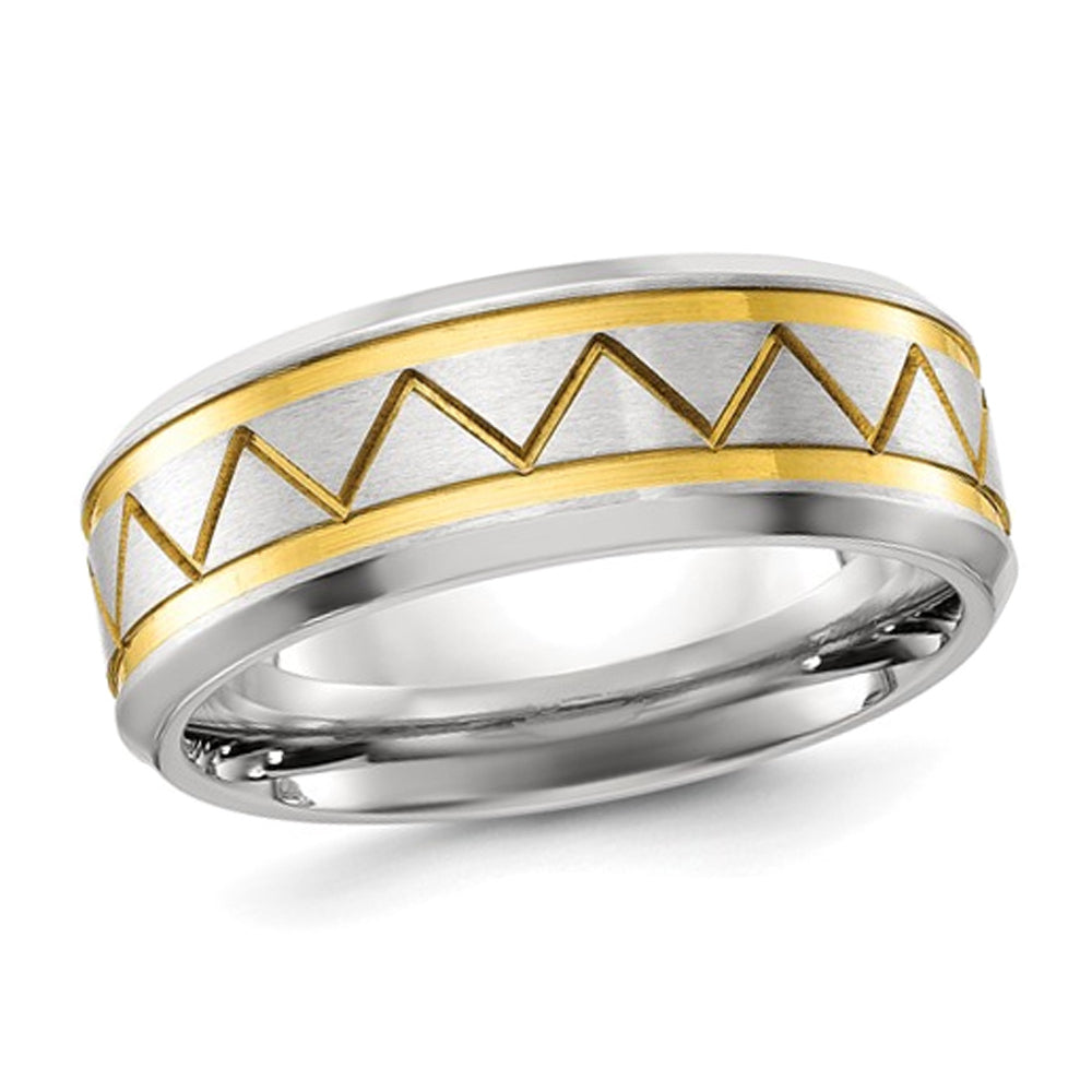 Mens Titanium Brushed Yellow Plated ZigZag Band Ring (8mm) Image 1