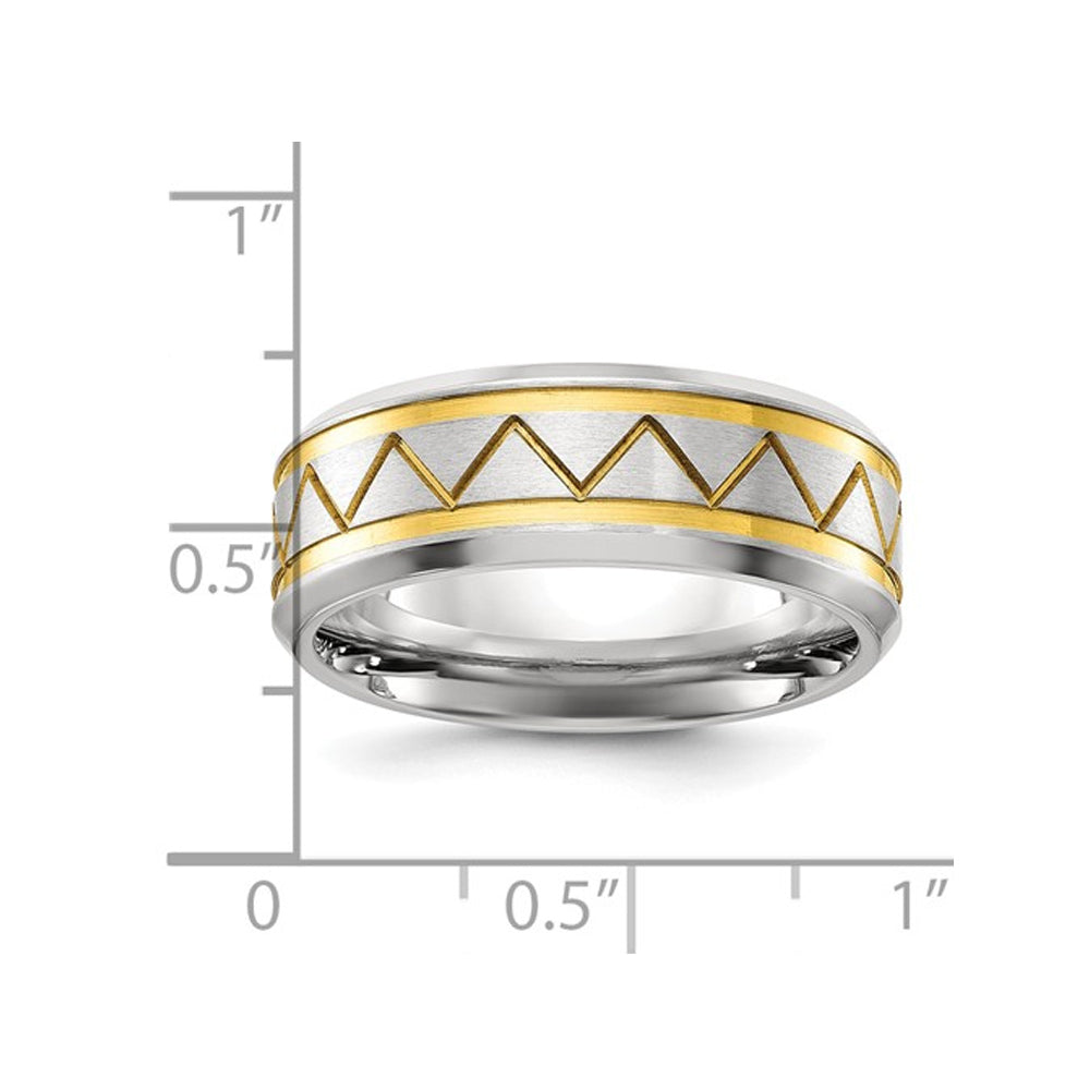 Mens Titanium Brushed Yellow Plated ZigZag Band Ring (8mm) Image 3