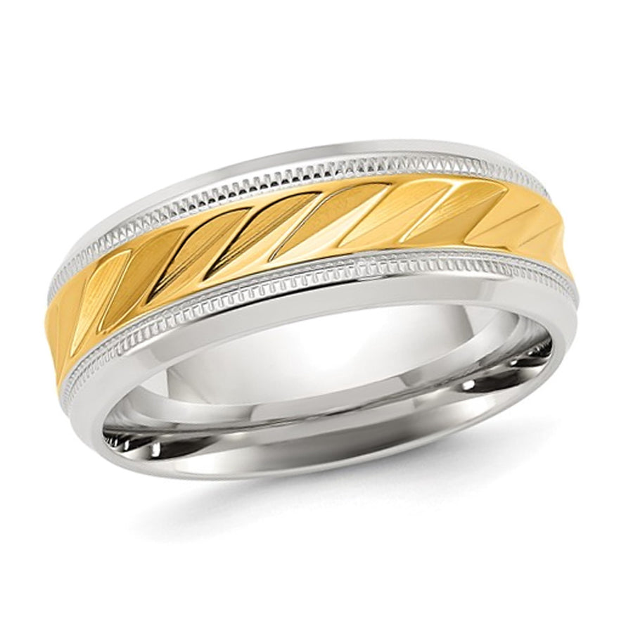 Mens Stainless Steel Polished Yellow Plated Grooved Band Ring (8mm) Image 1