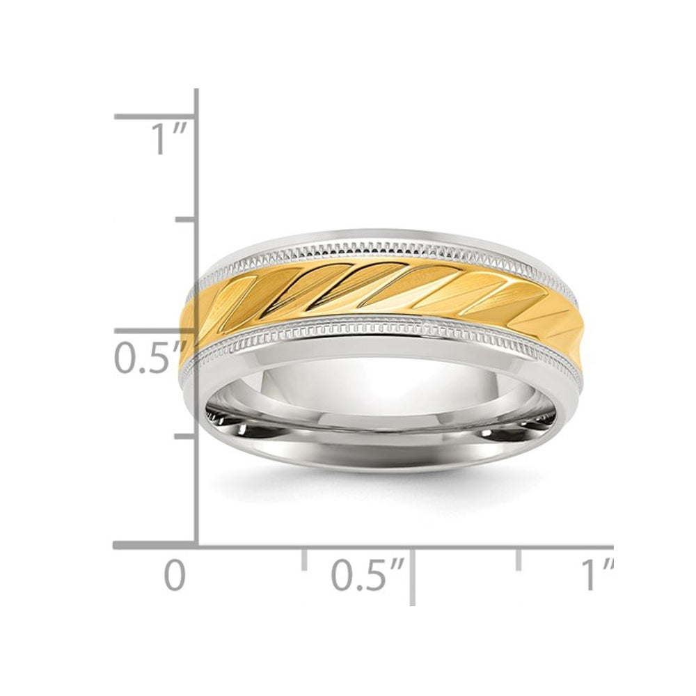 Mens Stainless Steel Polished Yellow Plated Grooved Band Ring (8mm) Image 3