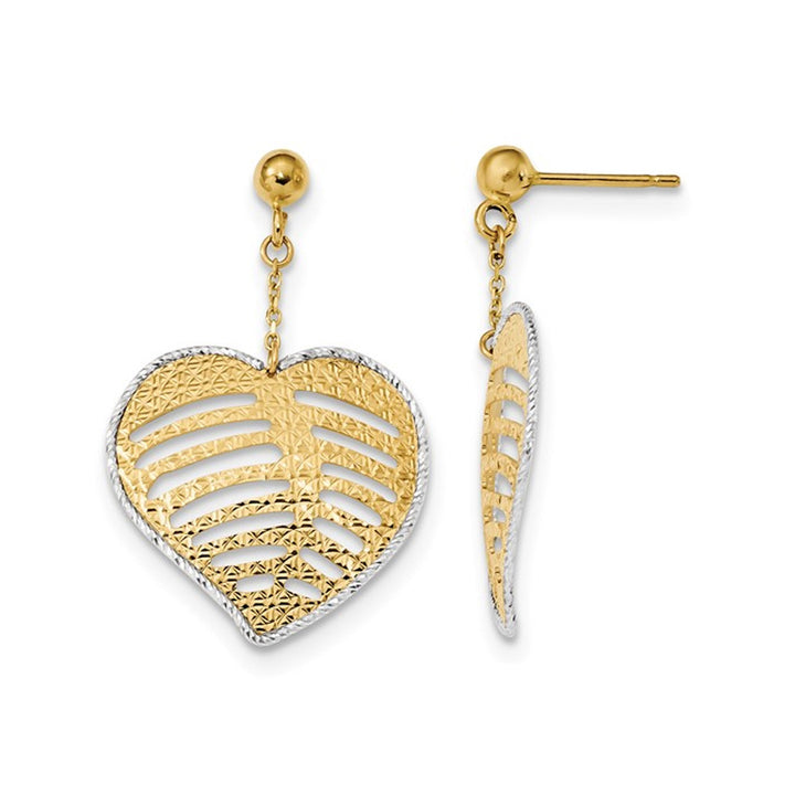 14K Yellow Gold Textured Filigree Heart Dangle Earrings Image 1