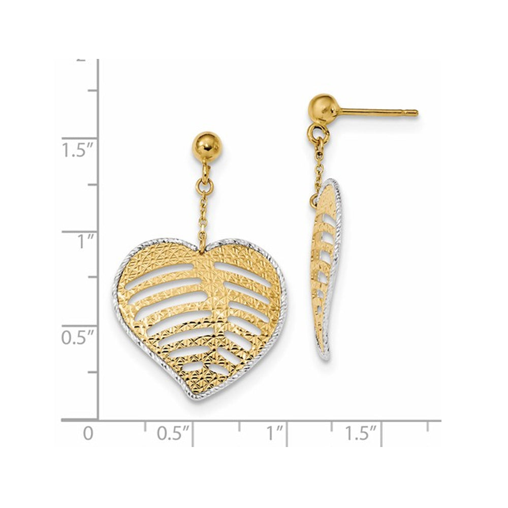 14K Yellow Gold Textured Filigree Heart Dangle Earrings Image 3