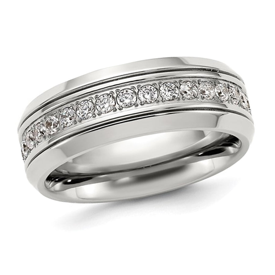 Mens Titanium Polished Band Ring with Synthetic Cubic Zirocnias (8mm) Image 1