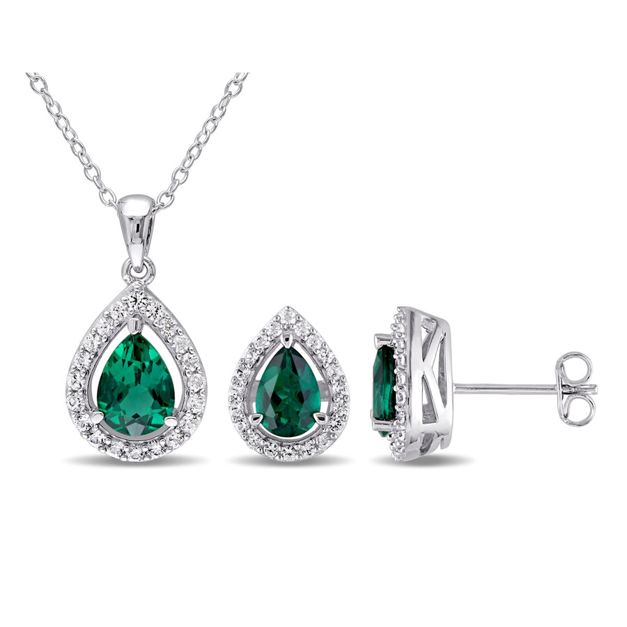 3.20 Carat (ctw) Lab-Created Emerald and Created White Sapphire Earrings and Pendant Set in Sterling Silver Image 1