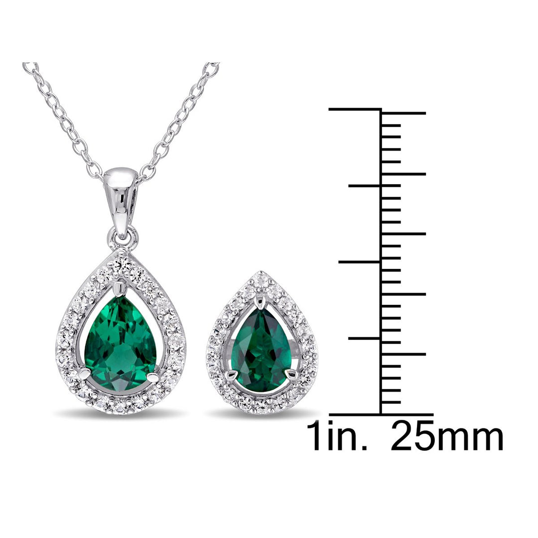 3.20 Carat (ctw) Lab-Created Emerald and Created White Sapphire Earrings and Pendant Set in Sterling Silver Image 2