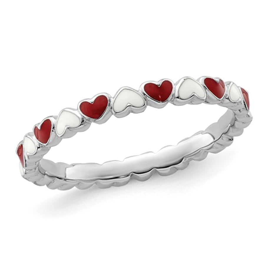 Sterling Silver Red and White Enamel Heart Ring Band Image 1