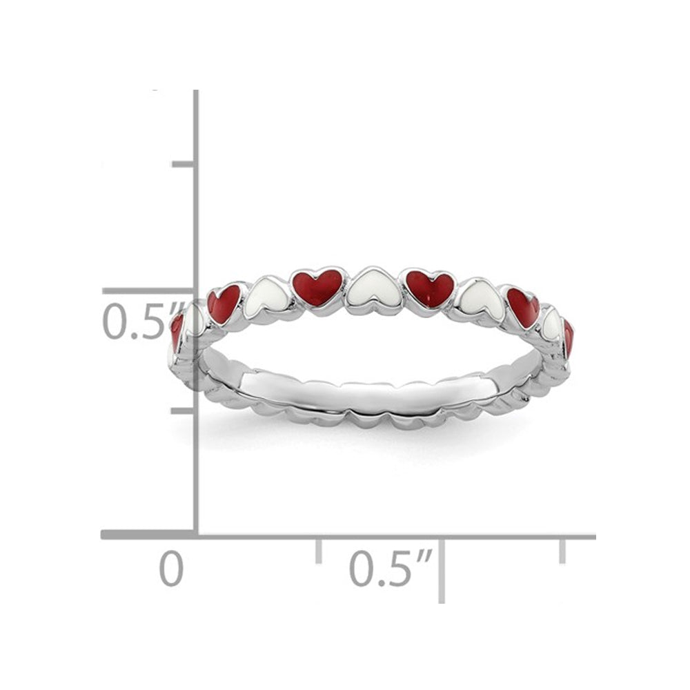 Sterling Silver Red and White Enamel Heart Ring Band Image 3