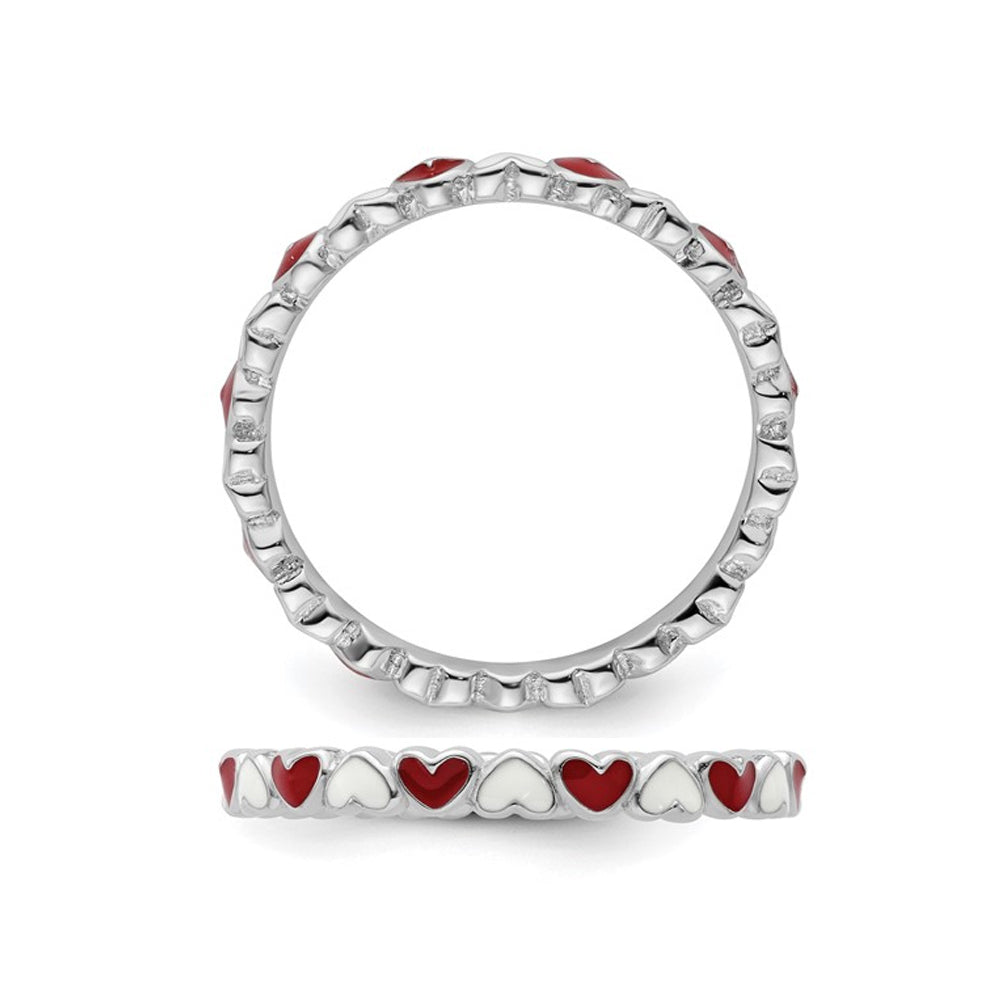 Sterling Silver Red and White Enamel Heart Ring Band Image 4