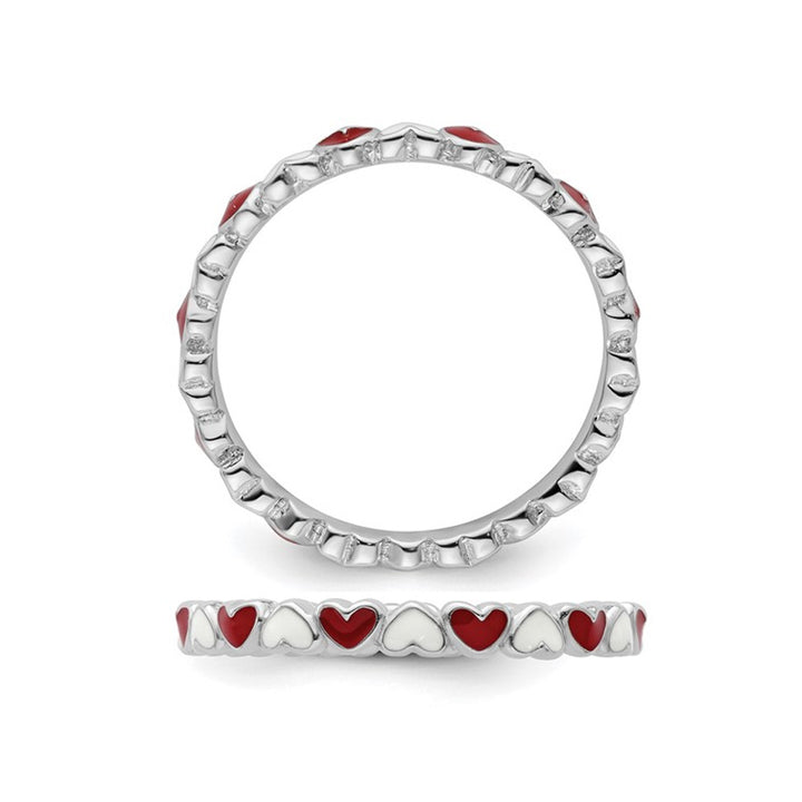 Sterling Silver Red and White Enamel Heart Ring Band Image 4