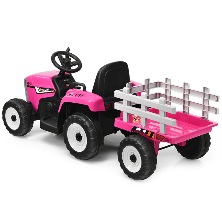 Costway 12V Kids Ride On Tractor with Trailer Ground Loader w/ RC and Lights Red\Pink\Green Image 6