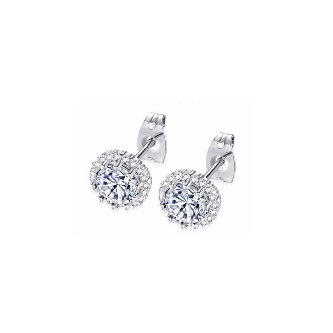 14k White Gold Plated 1-2 Ct Created Halo Round White Sapphire Stud Earrings Image 1