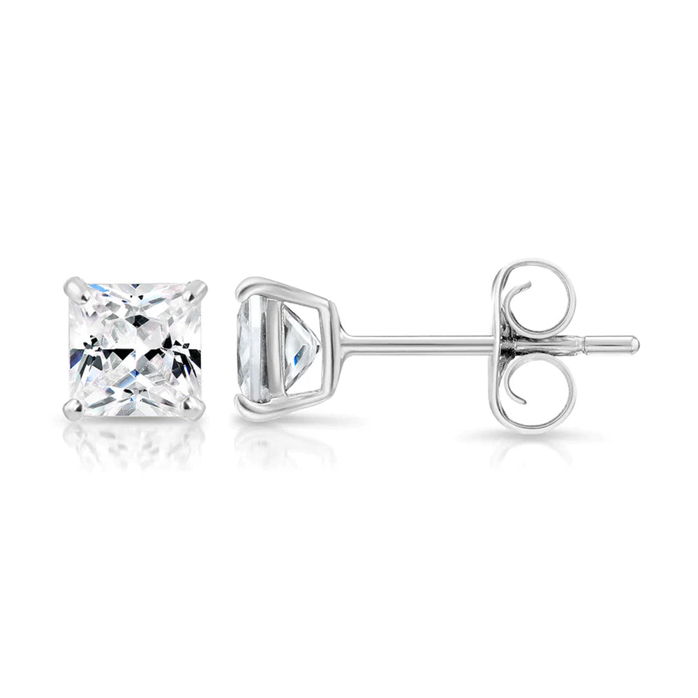 Paris jewelry 14k White Gold Square CZ Stud Earrings - Pushback Image 1