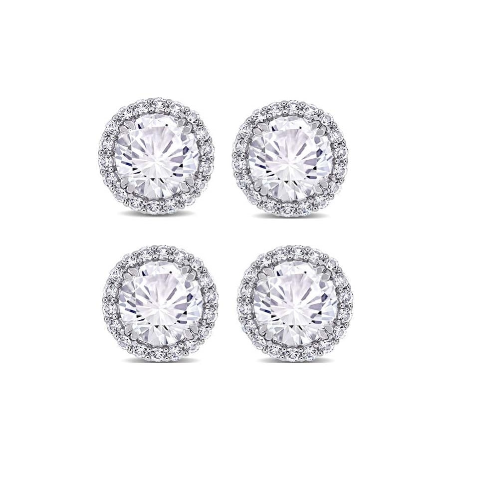 Paris Jewelry 18k White Gold 4mm 4Ct Round White Sapphire 2 Pair Halo Stud Earrings Plated Image 1