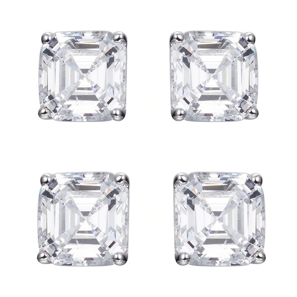 Paris Jewelry 14k White Gold 4Ct Asscher Cut White Sapphire Pack of Two Stud Earrings Plated Image 2