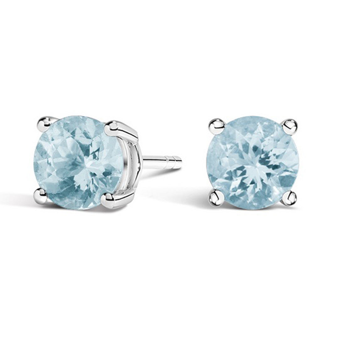 Paris Jewelry 14k White Gold Push Back Round Aquamarine Stud Earrings (4MM) Plated Image 1