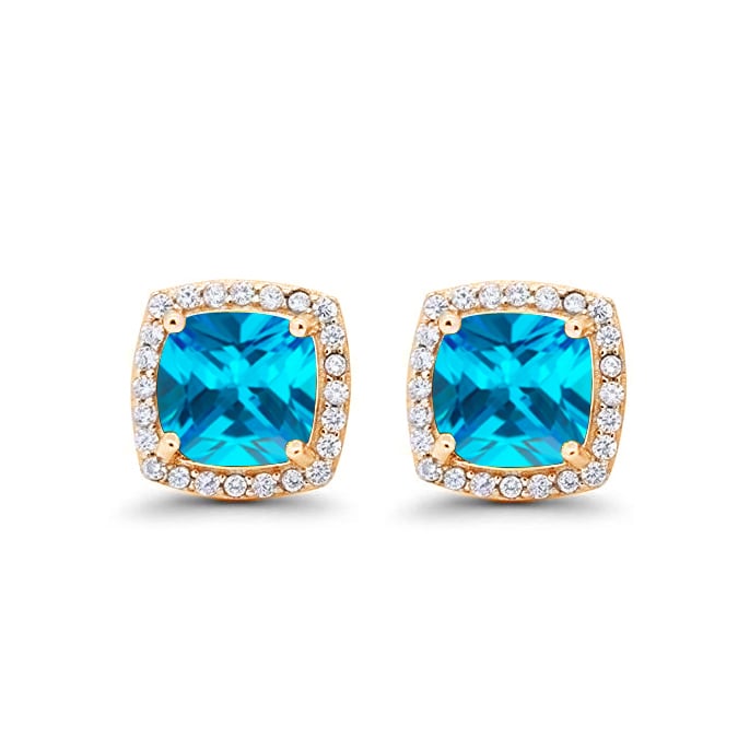 Paris Jewelry 24k Yellow Gold 1-2Ct Created Halo Princess Cut Blue Topaz Stud Earrings Plated Image 1