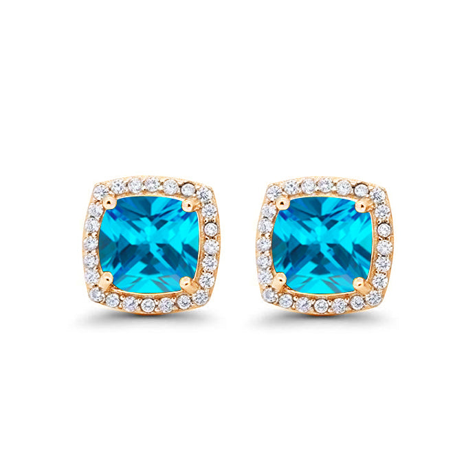 Paris Jewelry 24k Yellow Gold 1Ct Created Halo Princess Cut Blue Topaz Stud Earrings Plated Image 1