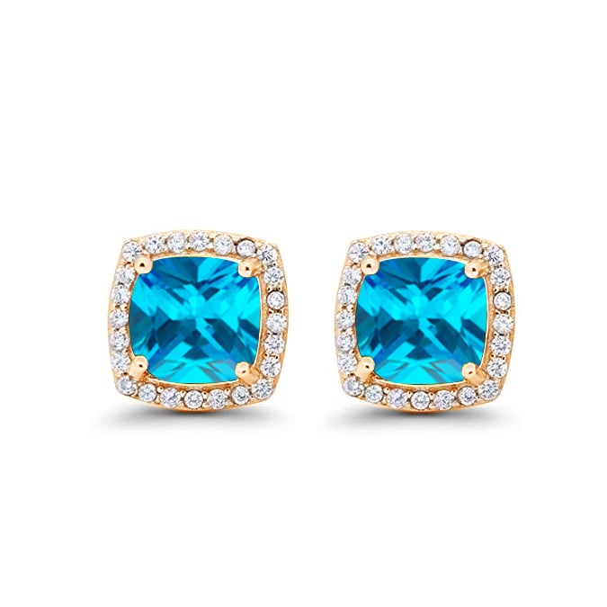 Paris Jewelry 14k Yellow Gold 2Ct Created Halo Princess Cut Blue Topaz Stud Earrings Plated Image 3