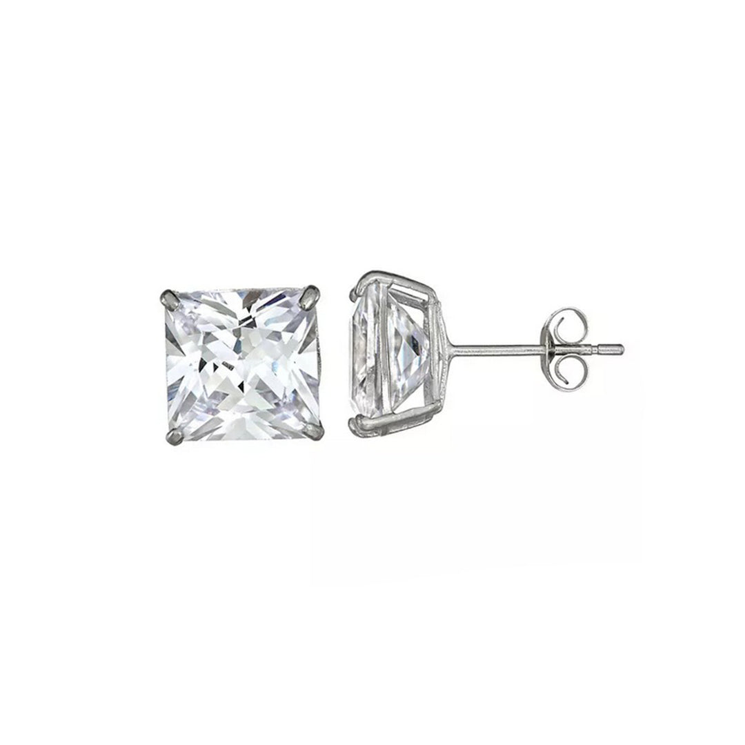 Paris Jewelry Genuine 14k White Gold Square Cubic Zirconia Stud Earrings (4MM) Plated Image 1