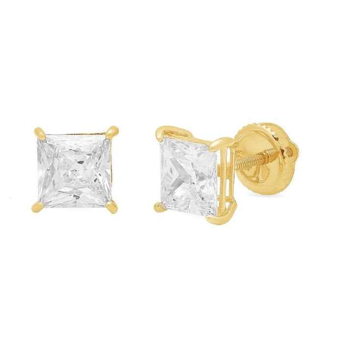 Paris Jewelry Genuine 14k Yellow Gold Square Cubic Zirconia Stud Earrings Screw Back (8MM) Plated Image 1