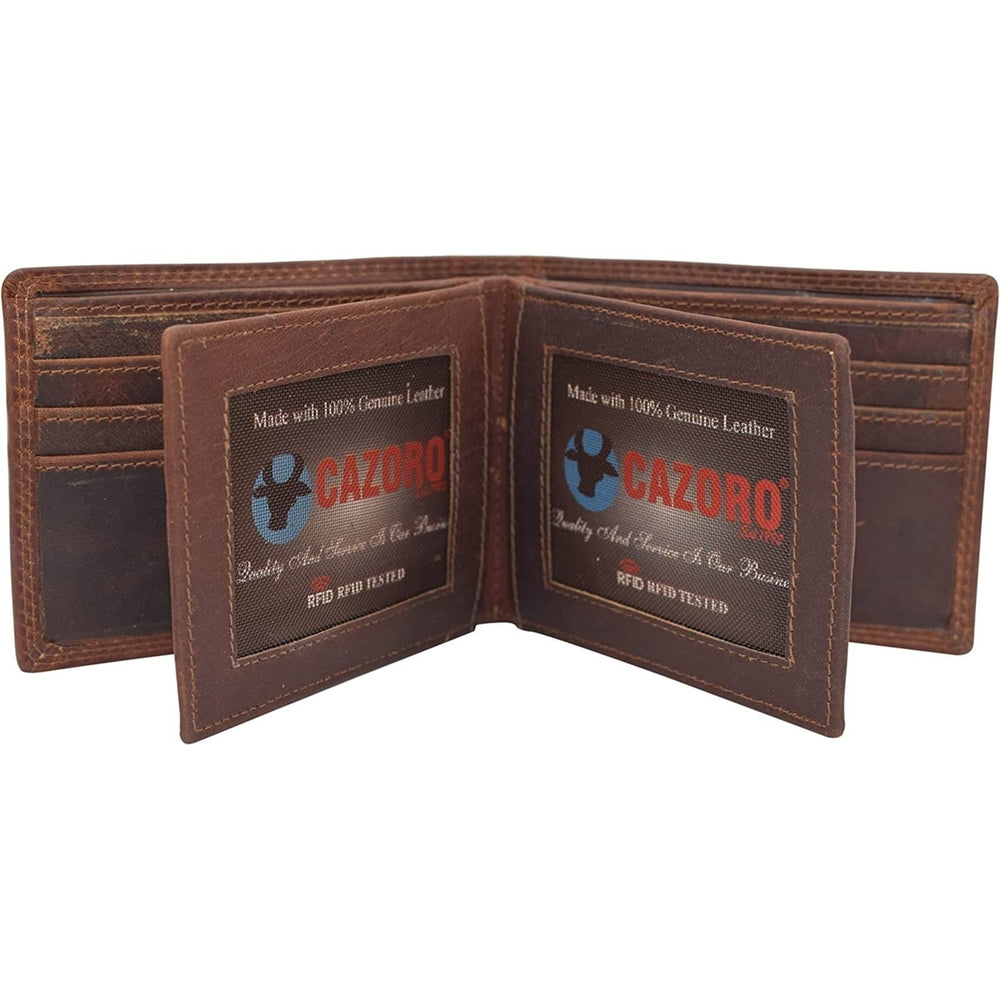 CAZORO Wallets For Men Vintage Leather RFID Protected Large Bifold Double ID Window Wallet With Box (Burgundy) Image 2
