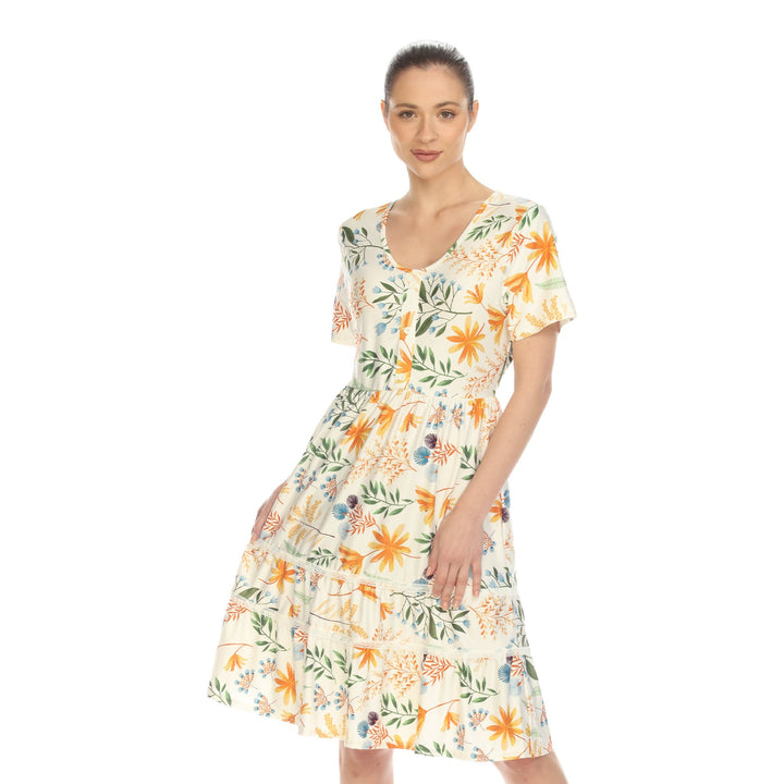 White Mark Womens Floral Short Sleeve Knee Length Tiered Dress Image 3