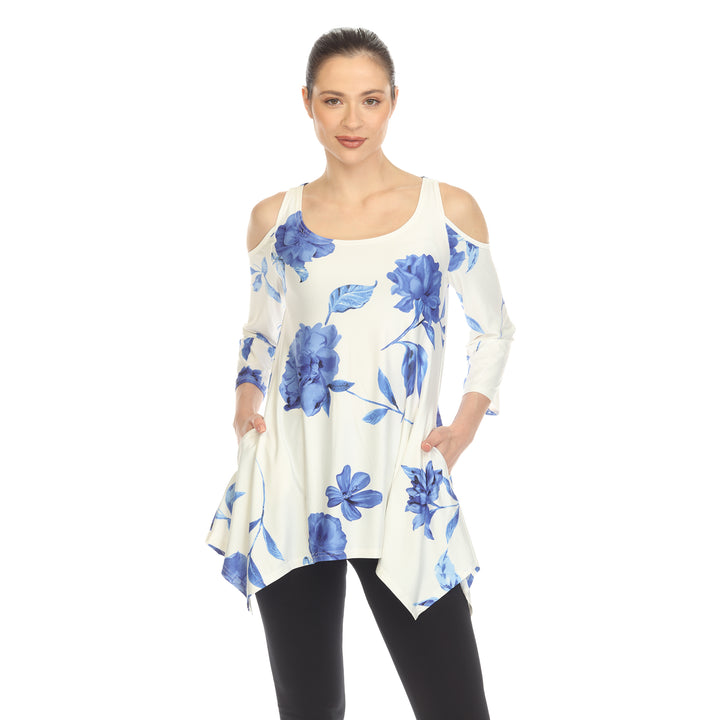 White Mark Womens Floral Cold Shoulder Tunic Top with Pockets Size S-3X Image 1