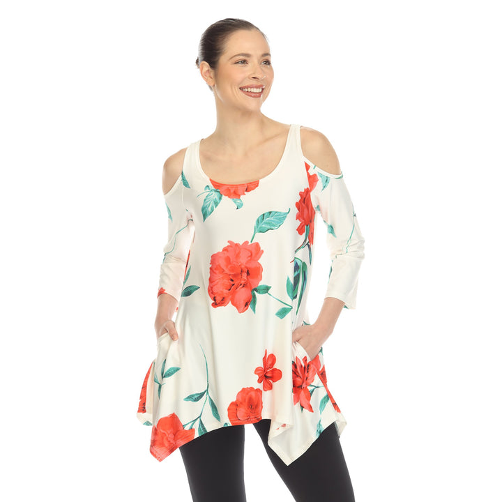 White Mark Womens Floral Cold Shoulder Tunic Top with Pockets Size S-3X Image 1