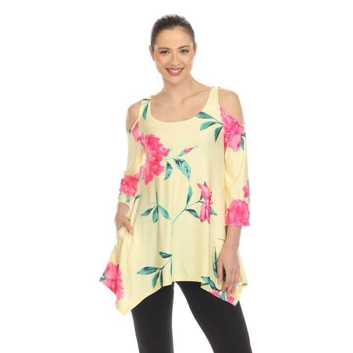 White Mark Womens Floral Cold Shoulder Tunic Top with Pockets Size S-3X Image 4