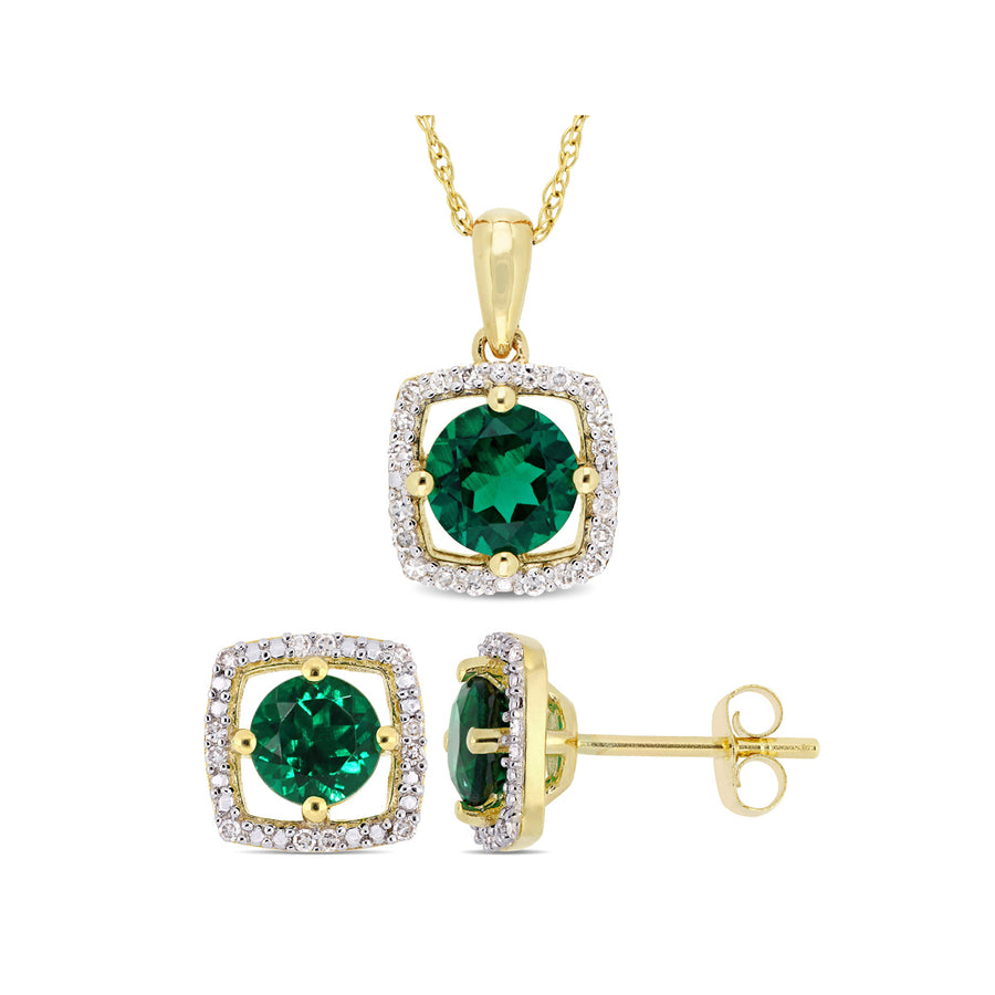 1.80 Carat (ctw) Lab-Created Emerald and Diamond Earrings and Pendant Set in 10K Yellow Gold Image 1