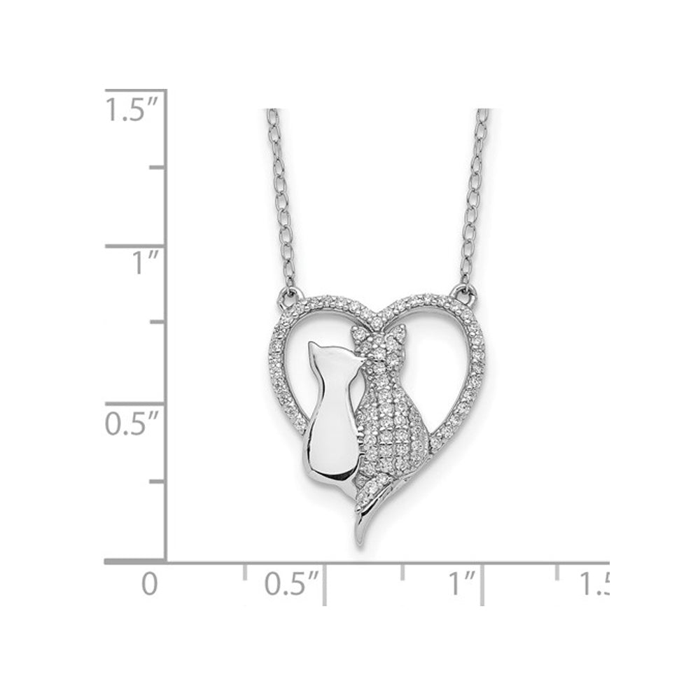 Sterling Silver Two Leaning Cats Heart Pendant Necklace with Cubic Zirconia (CZ)s and Chain Image 2