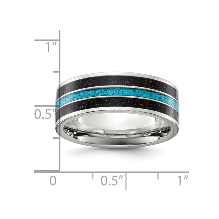 Mens Titanium Black Star Sandstone Inlay with Turquoise Band Ring (8mm) Image 3