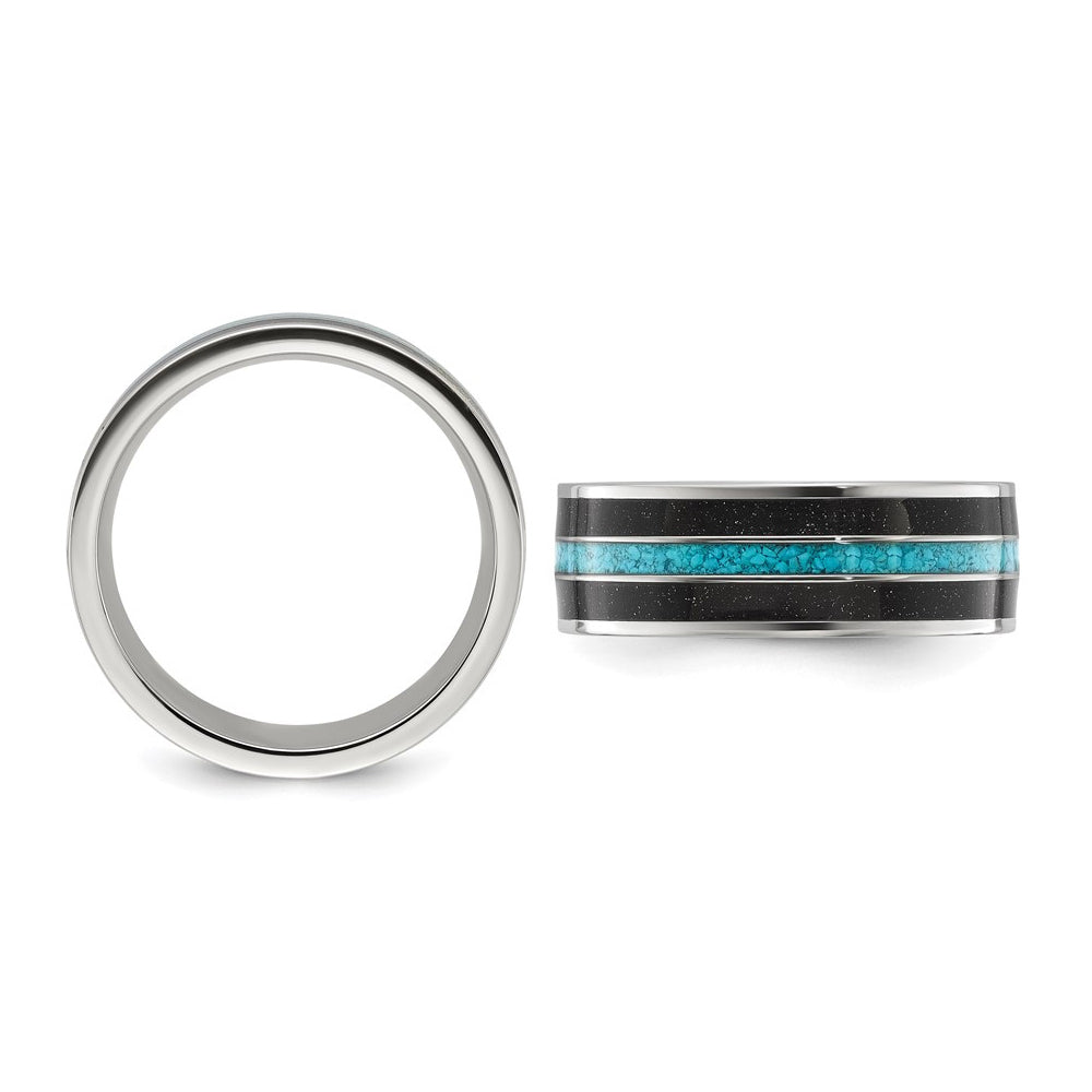 Mens Titanium Black Star Sandstone Inlay with Turquoise Band Ring (8mm) Image 4